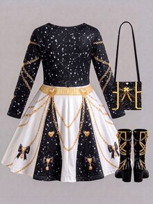 Young Girls Long Sleeve A-Line Dress, Round Neck Gold Chain Print, Baroque Print Birthday Party, Stage Performance Outfit - Multicolor - View 2