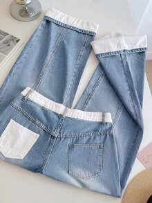 GlowEve CURVE Plus Size Women's Colorblock Pocket Casual Versatile Denim Jeans - Blue - View 4