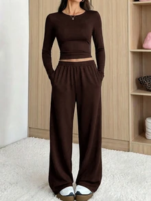 SHEIN Tall 女款秋季休閒長袖上衣與長褲兩件套 - 棕色 - 查看 1