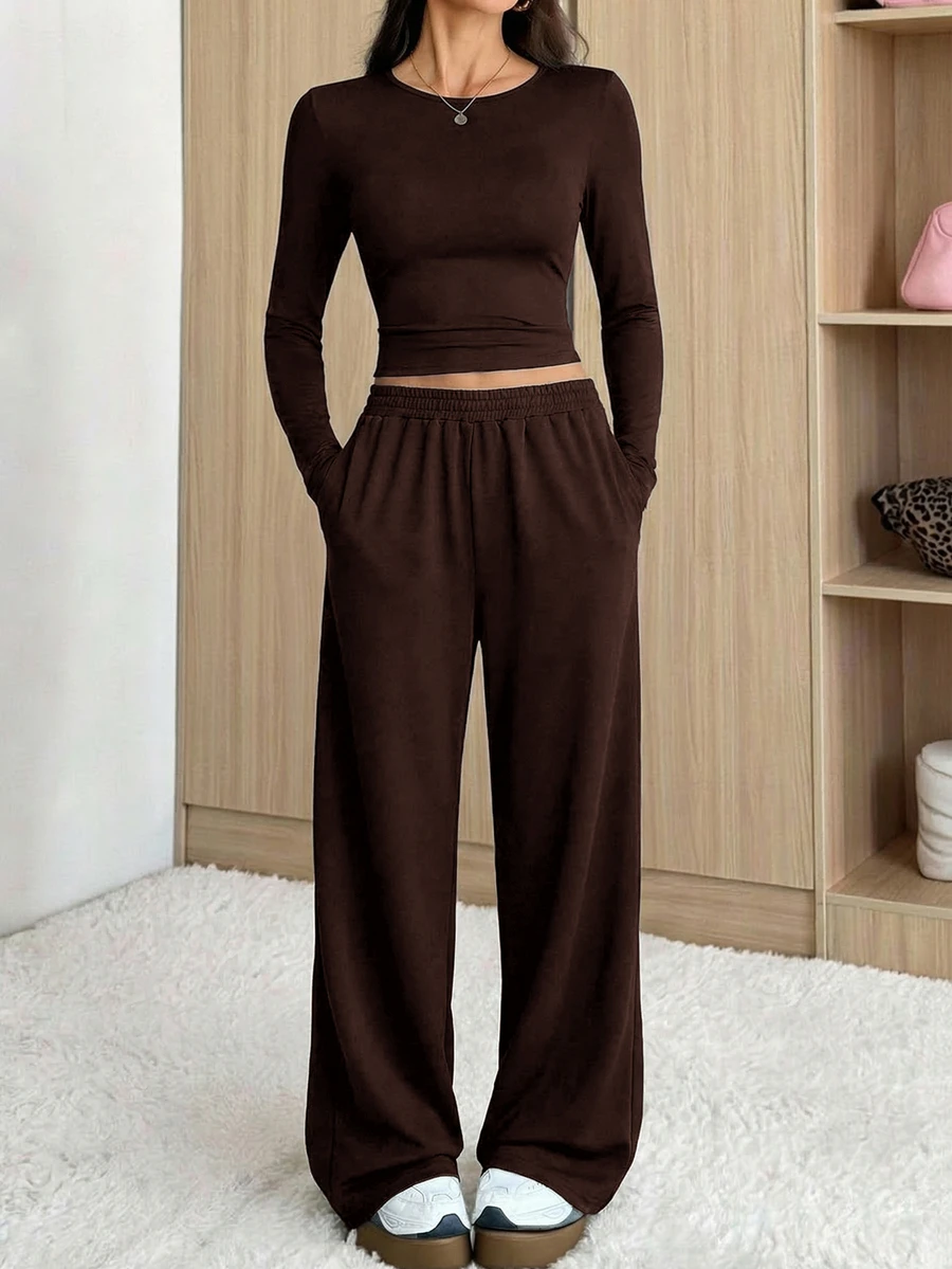 SHEIN Tall 女款秋季休閒長袖上衣與長褲兩件套 - 棕色 - 查看 1