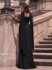 Aureia Plus Size Elegant Charming Romantic Black Stretch Knit Contrast Lace Long Sleeve Sheer Lace Collar Lace Trim 2-In-1 Flared Hem Contrast Lace Suitable For Wedding Party Celebration Formal Event Evening Gown (Heavy Workmanship Design) - Black - View 2