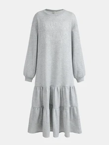 SHEIN 青少年女孩秋/冬灰色休閒基礎款寬鬆圓領落肩抓皺蛋糕裙襬長洋裝，返校穿搭，女孩長洋裝運動衫裙 - 灰色 - 查看 4