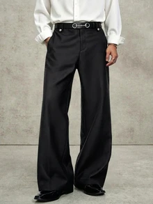 PAVTROS Men's Button Pocket Casual Flared Long Pants - Black - View 3