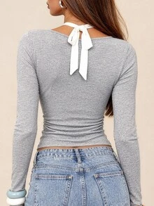 Rina Fox Women's Fashion Korean Style Long Sleeve T-Shirt, Versatile For Daily Wear - Grey - View 2