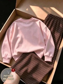 幼兒女童 2 件組 粉色卡通小狗愛心印花圓領套頭運動衫與棕色直筒長褲套裝，冬季穿搭 - 彩色 - 查看 2