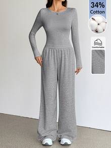 SHEIN Tall 女款純色圓領長袖T恤與長褲休閒兩件套居家日常淺灰色秋季 - 灰色 - 查看 6