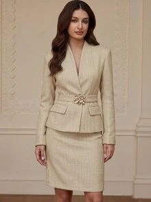 BELROSIE Women's Asymmetric V-Neck Collarless Long Sleeve Blazer And Bodycon Skirt Suit Set - Beige - View 6