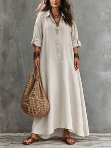 Linhara CURVE Autumn Plus Size Women Long Sleeve Shirt Casual Dress, Suitable For Daily Commute And Vacation - Apricot - View 3