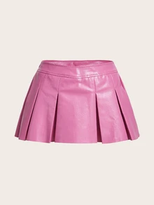 SHEIN ICON 純色PU皮革百褶裙 - 粉色 - 查看 2