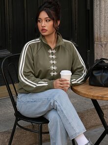 SHEIN BASICS Jaket Lengan Panjang Kasual Serbaguna Motif Blok Warna untuk Wanita Ukuran Plus - Hijau Tentara - View 1