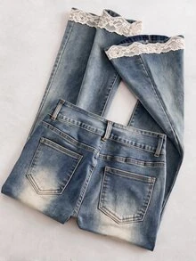 GlowEve Women's Fashion Button Lace Patchwork Denim Jeans - Blue - View 4