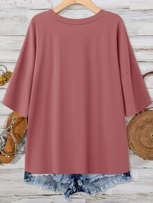 SHEIN LUNE 巧克力棕大尺碼女款夏季V領口袋棉質休閒T恤度假上衣 - 淺灰紫 - 查看 2