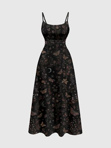 ROMWE Goth Dark Vintage Moth Moon Sun Star Women's A-Line Dress With Pleats - Black - View 1