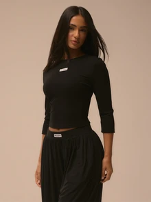MUSERA Black Embroidered Logo Fitted Crewneck Quarter Sleeve Top Cosy Basic Essentials Autumn Winter Chill Comfy Fall - Black - View 3