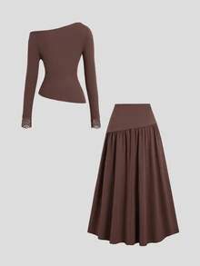 Sweetra Women's Solid Color Contrast Lace Asymmetrical Shoulder Long Sleeve Top And Skirt Fashion Two Pieces Set - Brown - View 4