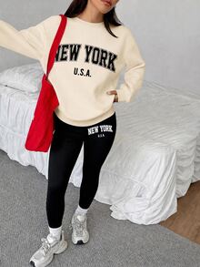 SHEIN EZwear 寬鬆圓領運動衫與緊身內搭褲2件套，紐約英文印花圖案 - 杏色 - 查看 6