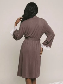 Livesso Women's Contrast Lace Cuff & Waist Tie Nightgown - Coffee Brown - View 2