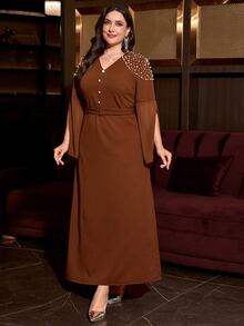 SHEIN Clasi Plus Size Elegant Casual Rhinestone Button V-Neck Dress Cocktail Dinner Brown - Brown - View 4