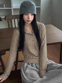 DAZY 女款多功能復古極簡條紋修身顯瘦連帽T恤上衣 - 棕色 - 查看 8