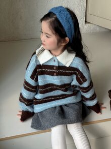 Dazy Kids Young Girl Striped Polo Collar Dropped Shoulder Long Sleeve Casual Sweater - Brown - View 4