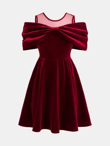 Pitira Tween Girl Tween Girls Tween Girl Kids Dresses Elegant Burgundy Velvet Bow Cold Shoulder Mini Autumn Dress, Christmas, Glamorous Party - Burgundy - View 6