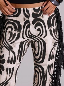 MUSERA Denim Leopard Print Low Rise Fringe Jeans Summer Autumn Going Out Festival Cool Girl Furiosa - Multicolor - View 5