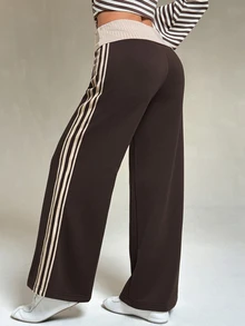 SHEIN PETITE Women's Minimalist Striped Color Block Casual Long Pants - Brown - View 2