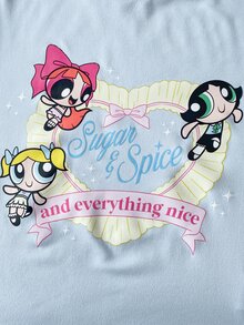 THE POWERPUFF GIRLS X SHEIN Set Piyama Rumahan Anak Perempuan Remaja Lucu Manis Minimalis Motif Kartun Warna-warni Leher Bulat Lengan Panjang Berkerut Celana Panjang Lembut Nyaman 2 Potong - MultiWarna - View 3