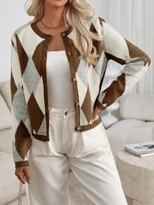 Pariaura Women's Spring Autumn Casual Preppy Vintage Colorblock Diamond Pattern Cardigan Fall Winter Cloth For Women Brunch Office Business White - Coffee Brown - View 3