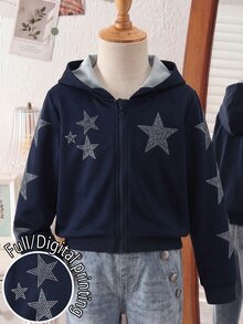 女童純色星星印花連帽運動外套，休閒長袖上衣，適合秋冬穿著 - 藏蓝色 - 查看 6