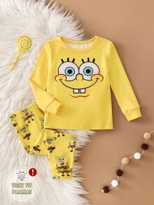 SpongeBob SquarePants | SHEIN 男嬰長袖長褲修身居家服套裝 - 黃色 - 查看 1