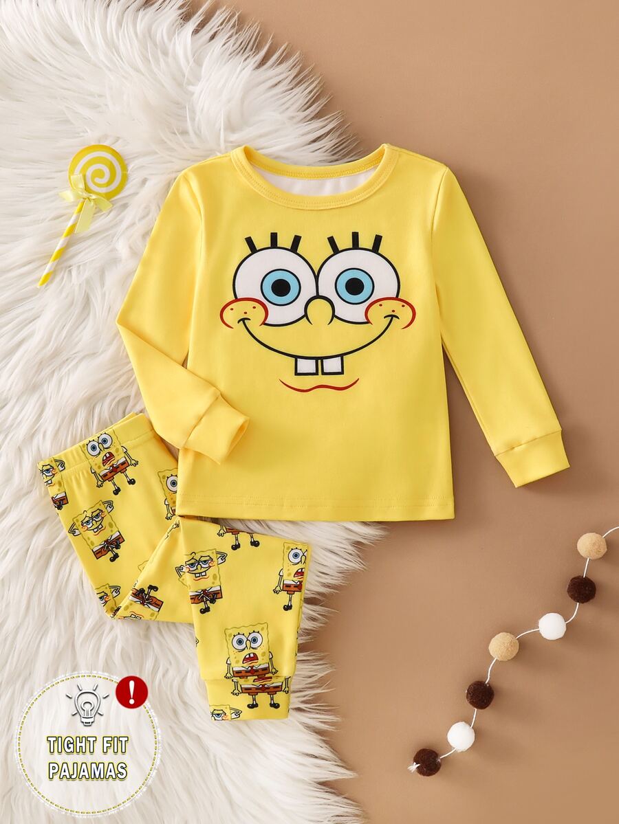 SpongeBob SquarePants | SHEIN 男嬰長袖長褲修身居家服套裝 - 黃色 - 查看 1