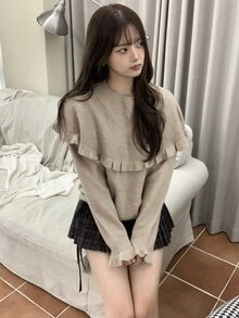 DAZY 女款素色寬鬆百褶荷葉邊休閒甜美韓風秋冬針織套頭毛衣 - 卡其色 - 查看 3