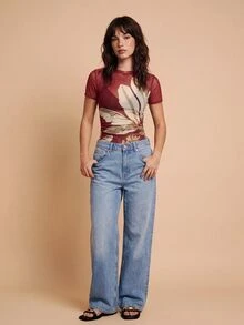 CAJUNI Chic Vacation Golden Palm Embroidery Mesh Top - Red - View 3