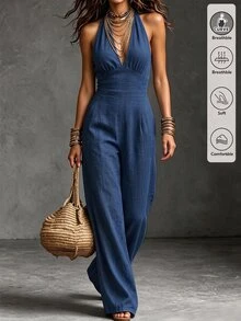 Trelyra Jumpsuit Halter Ikat Kasual Ukuran Besar - Biru - View 1