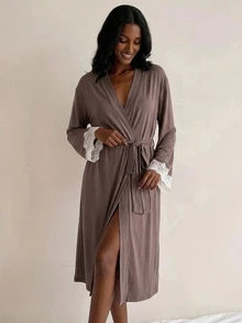 Livesso Women's Contrast Lace Cuff & Waist Tie Nightgown - Coffee Brown - View 3