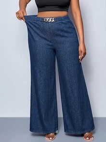 SHEIN Plus Size Women's Washed Denim Straight Leg Pants - Dark Wash - View 4