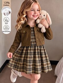 SHEIN 女童秋冬格紋細肩帶洋裝與純色翻蓋口袋短版夾克套裝，復古甜美2件式穿搭，棕色外套與棕色洋裝，聖誕冬季款 - 棕色 - 查看 1