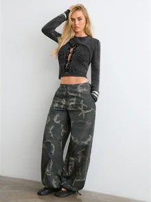 BAD SUNDAY Women's Autumn/Winter 2 In 1 Washed Tie-Front Knit Top, Vintage Y2K Style - Grey - View 4