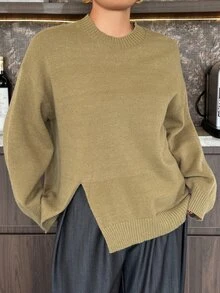 Dazy Plus Solid Color Casual Loose Fit Fun Commute Green Pullover Sweater - Army Green - View 6