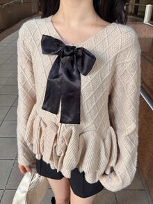 FRIFUL Women's Bow Decor Ruffle Hem Long Sleeve Sweater - Apricot - View 5