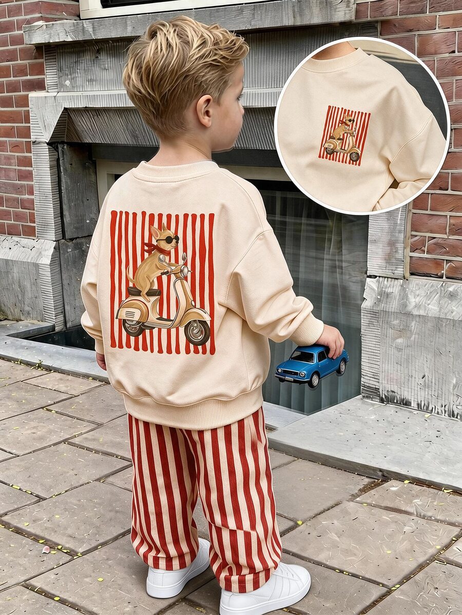 Baby Boy Dog Scooter Back Print Sweatshirt & Red Striped Pants 2pcs Set Cream Fall Winter Outfit - Multicolor - View 1