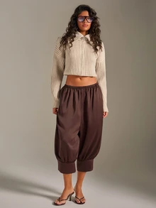 Athîral Women's Casual Solid Color Pleated 3/4 Length Pants - Coffee Brown - View 2