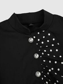 Sweetra Plus Size Polka Dot Ruffle Patchwork Long Sleeve Jacket - Black - View 8