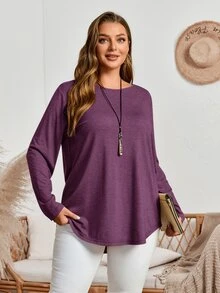 EMERY ROSE Plus Size Fall Women Solid Round Neck Long Sleeve Casual T-Shirt,Spring/Summer/Vacation - Purple - View 4