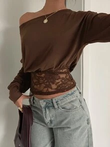 Aloruh 黑色蕾絲拼接上肩寬鬆上身緊身下擺長袖女式襯衫，秋冬新款外出上衣，萬聖節女裝 - 咖啡棕 - 查看 5