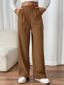 SHEIN PETITE CURVE 大尺碼女款雙扣直筒優雅通勤長褲 休閒高腰百褶寬腿棕色秋季女褲 - 咖啡棕 - 查看 3