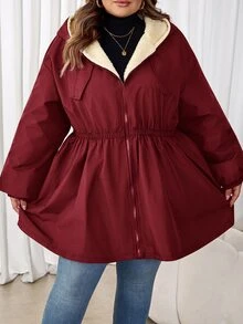 SHEIN CURVE+ Plus Size Women's Waist Cinched Warm Hooded Jacket, Autumn ...