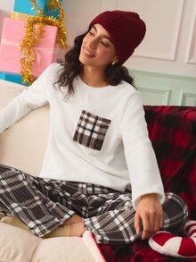 Chillnights Women's Casual Home Plush Plaid Comfortable Pajama Set - Multicolor - View 4