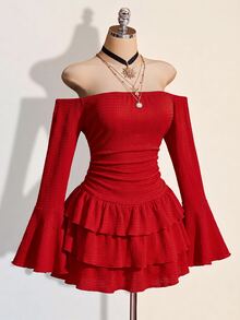 SHEIN ICON 女款純色抓皺露肩休閒派對迷你洋裝 - 紅色 - 查看 8